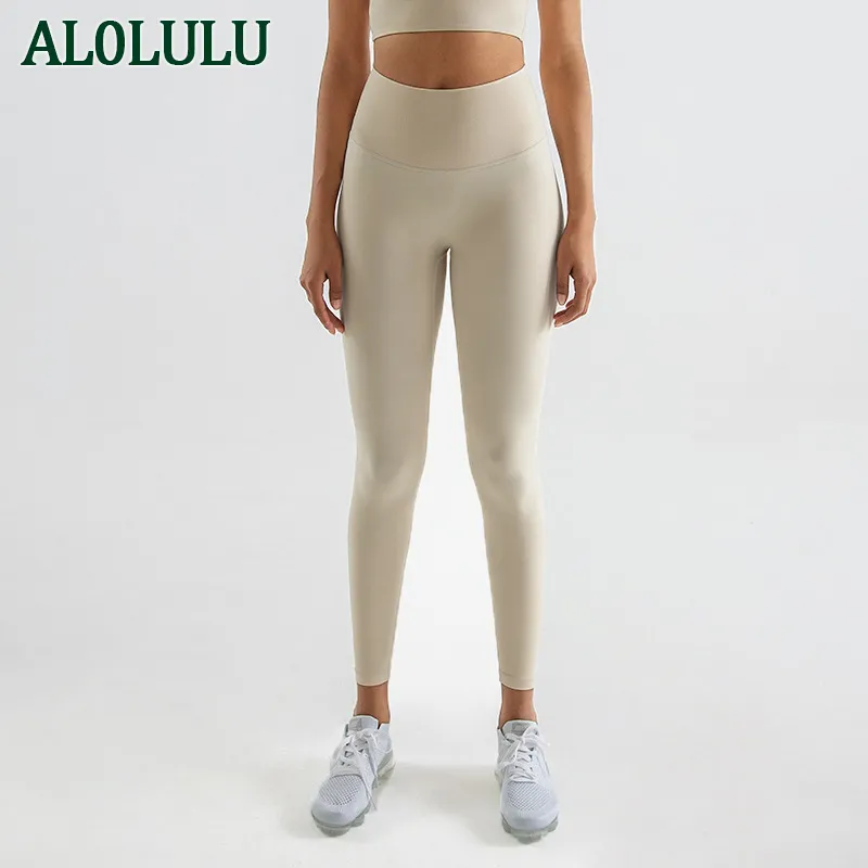 AL0LULU pantalones de Yoga legging con bolsillos mallas de cintura alta mujeres deportes correr entrenamiento Fitness Jogger pan