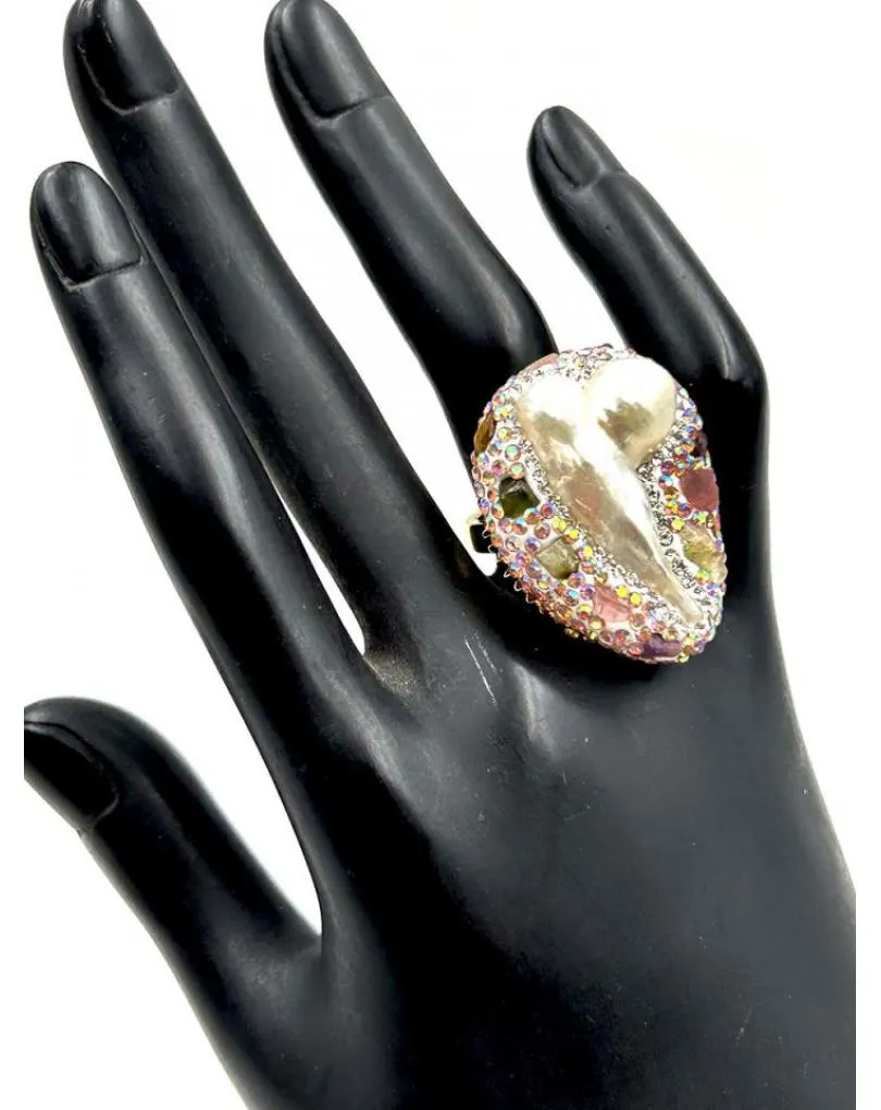 ANILLOS GRANDES DE PERLA BARROCA DECORADA CON PEDRERIA