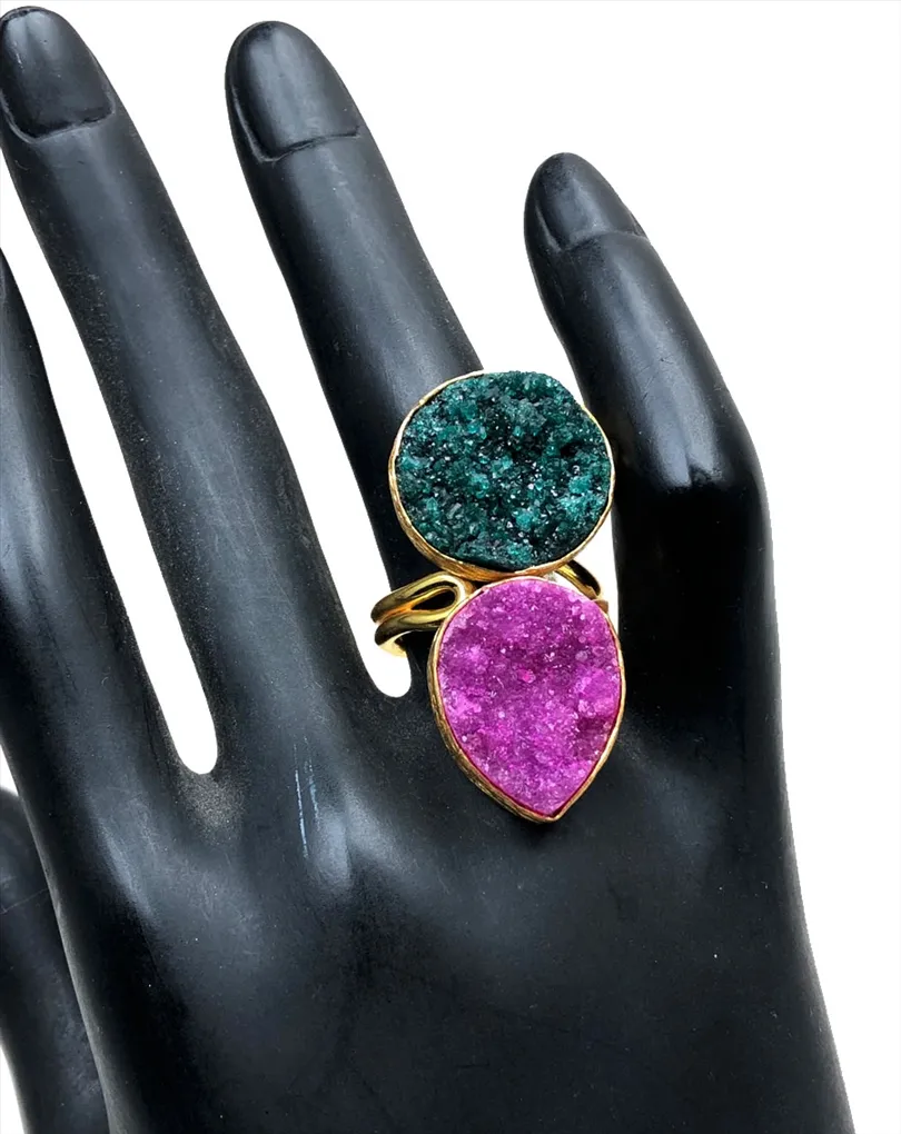 ANILLOS MUJER GRANDES DUO DE PIEDRAS DRUSAS NATURALES