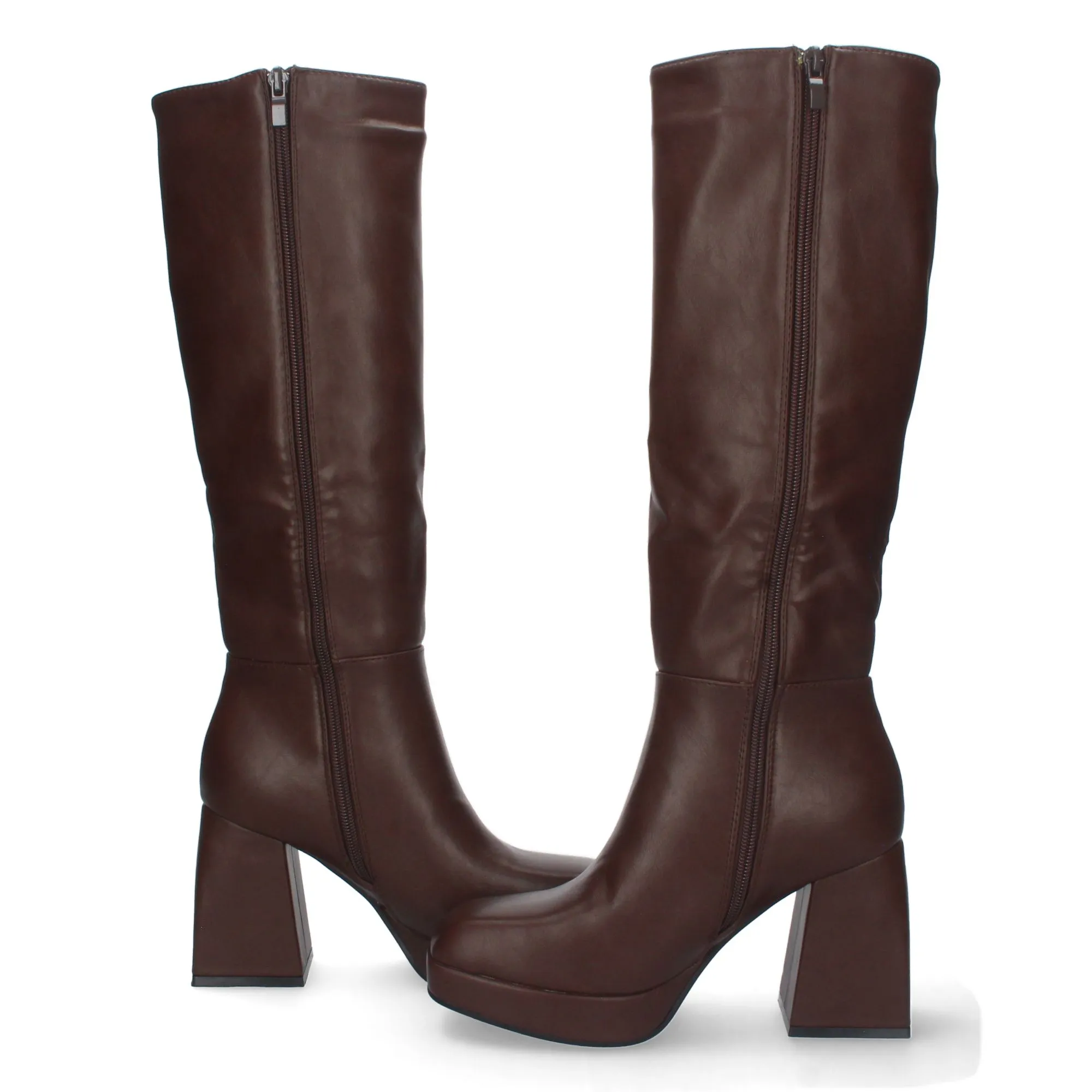Botas altas tacon ancho y mini plataforma para mujer color marron