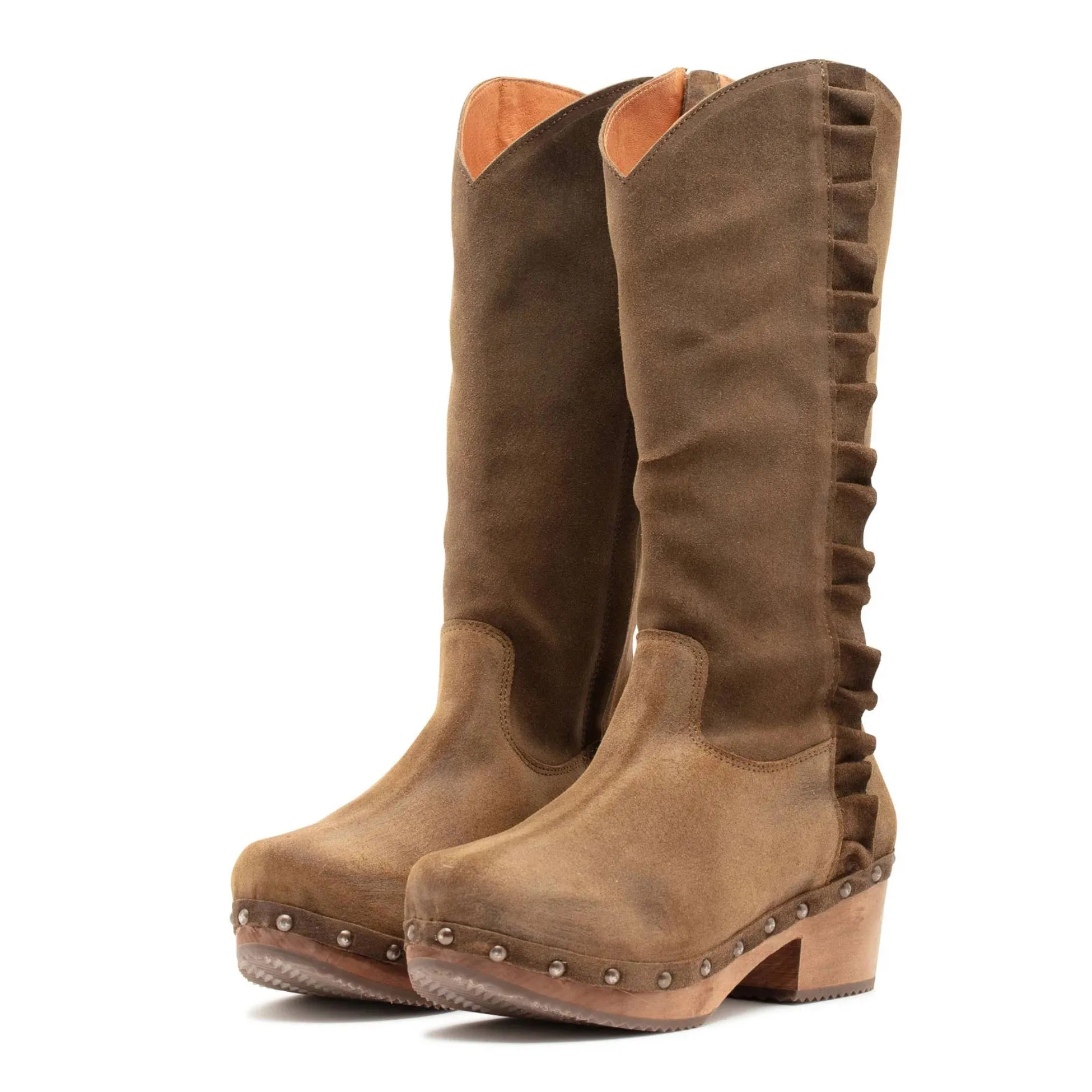 Botas XUZ Altas com Salto e Folhos Castanhas 30076