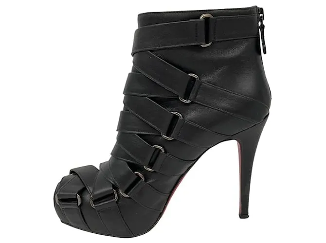 Botines de cuero de tacón alto con detalles de correa Christian Louboutin Negro 