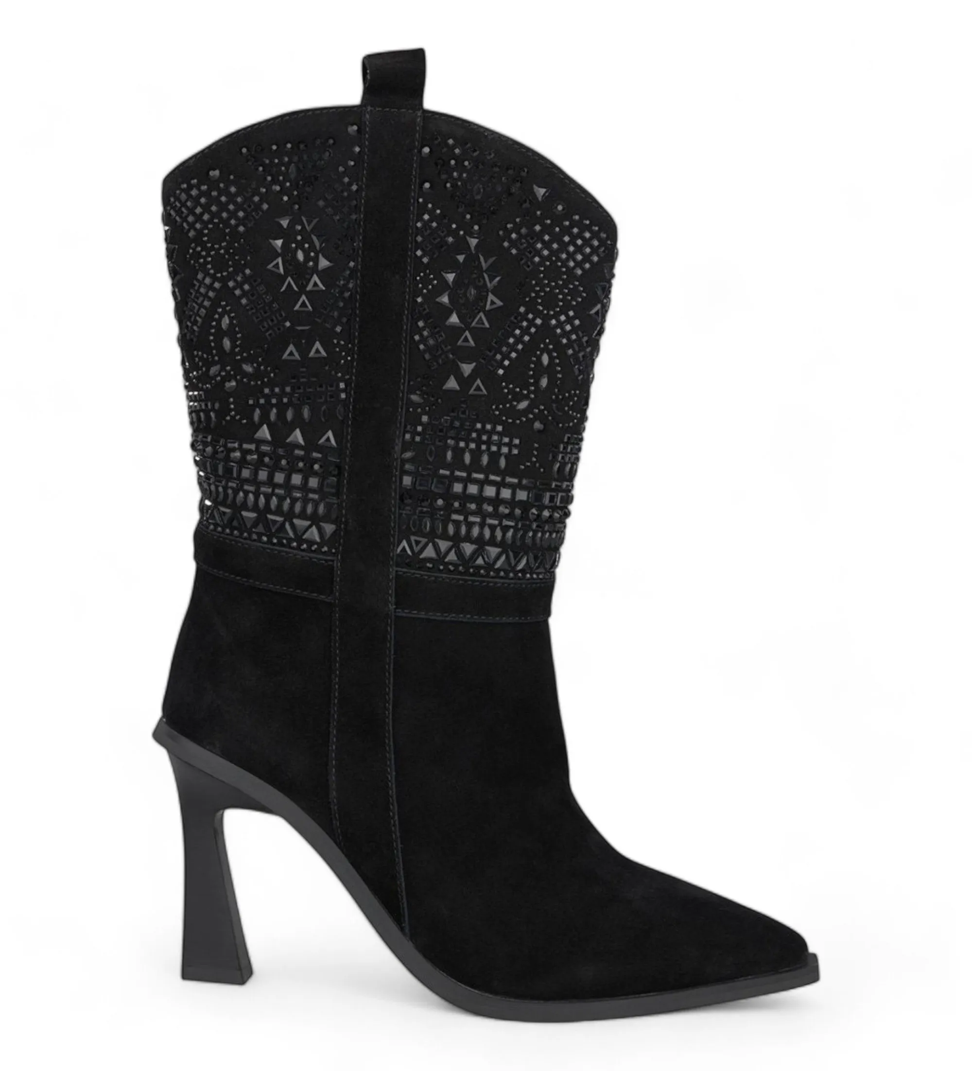 Botines de piel detalles pedrería negro