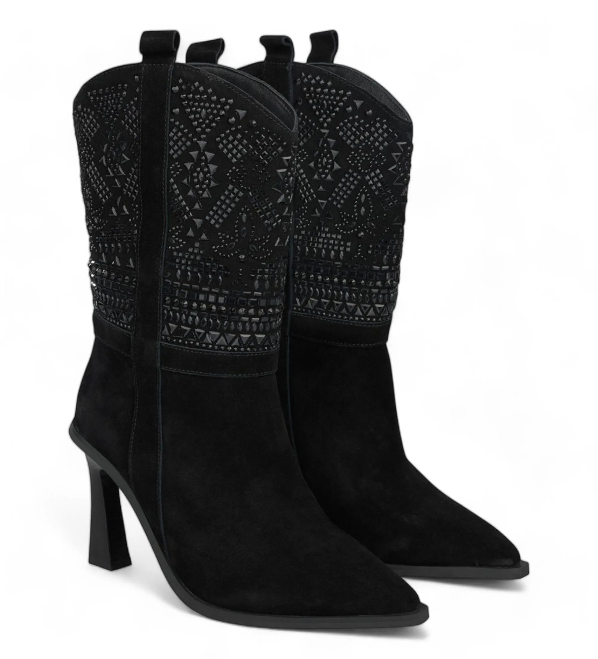 Botines de piel detalles pedrería negro