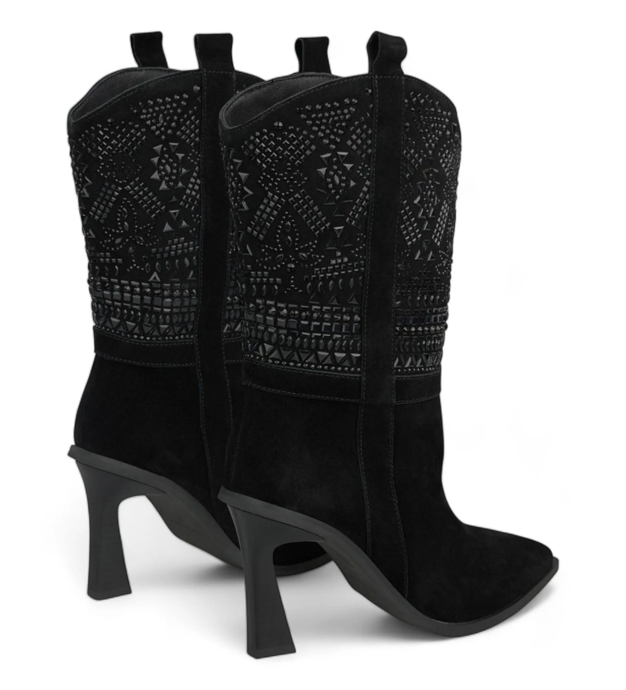 Botines de piel detalles pedrería negro
