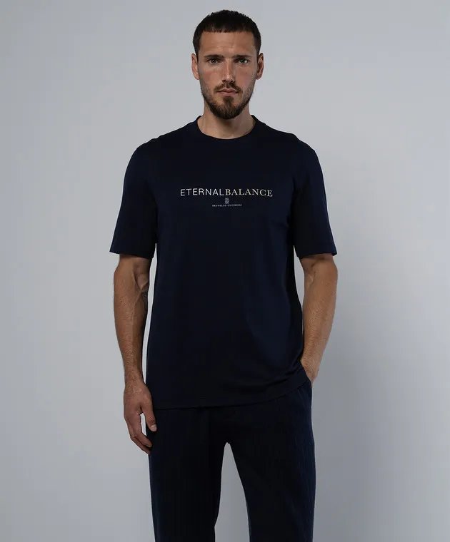 BRUNELLO CUCINELLI BLUE TSHIRT WITH A PRINT