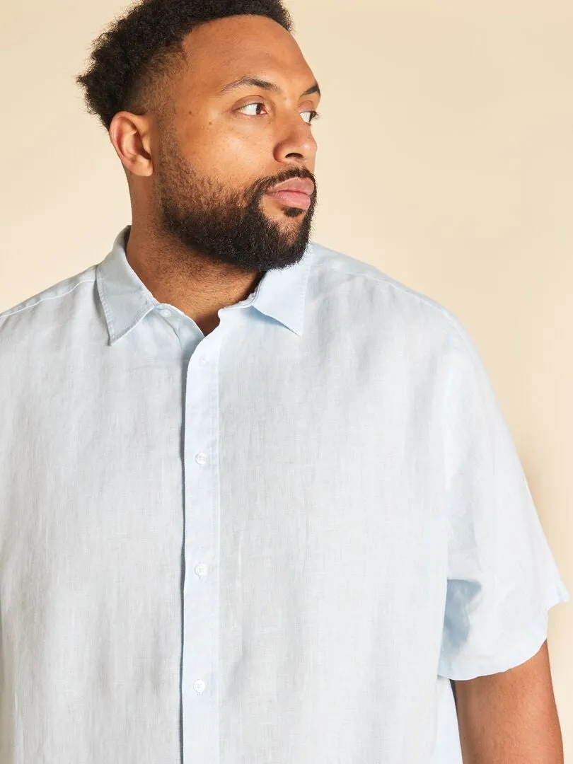 CAMISA DE LINO DE MANGA CORTA  AZUL