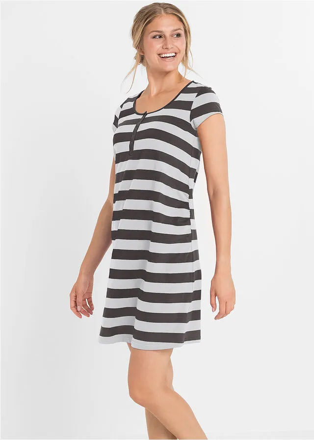 CAMISóN DE LACTANCIA DE ALGODóN GRIS PIZARRAGRIS CLARO JASPEADO DE RAYAS