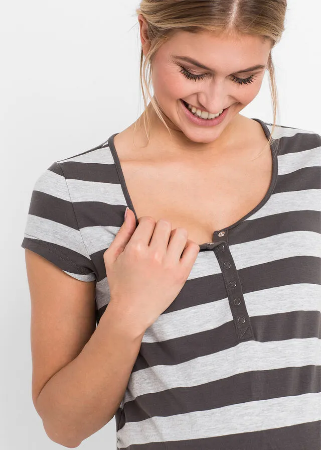 CAMISóN DE LACTANCIA DE ALGODóN GRIS PIZARRAGRIS CLARO JASPEADO DE RAYAS