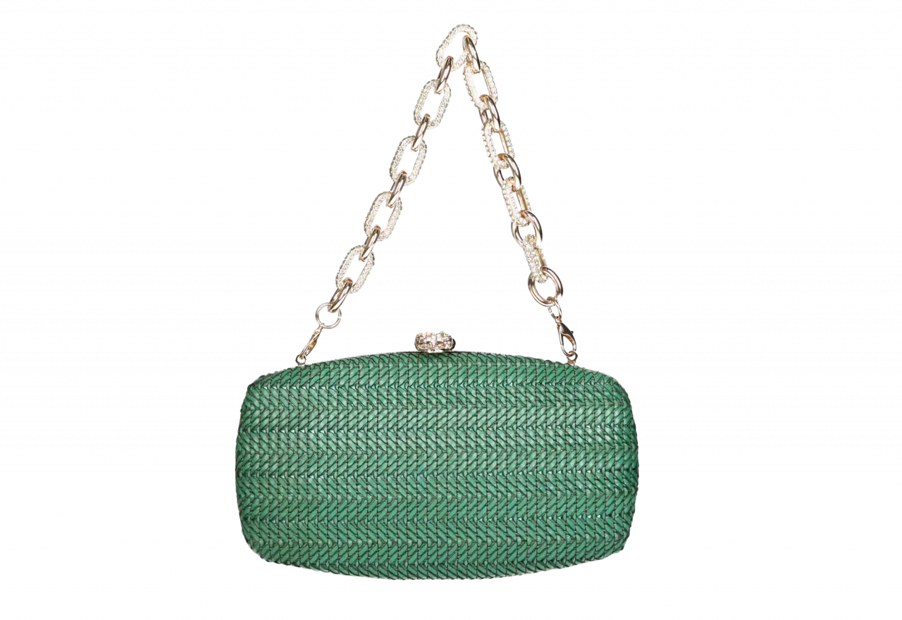 Clutch Trenzado Verde Asa Eslabones Grandes Brillantes