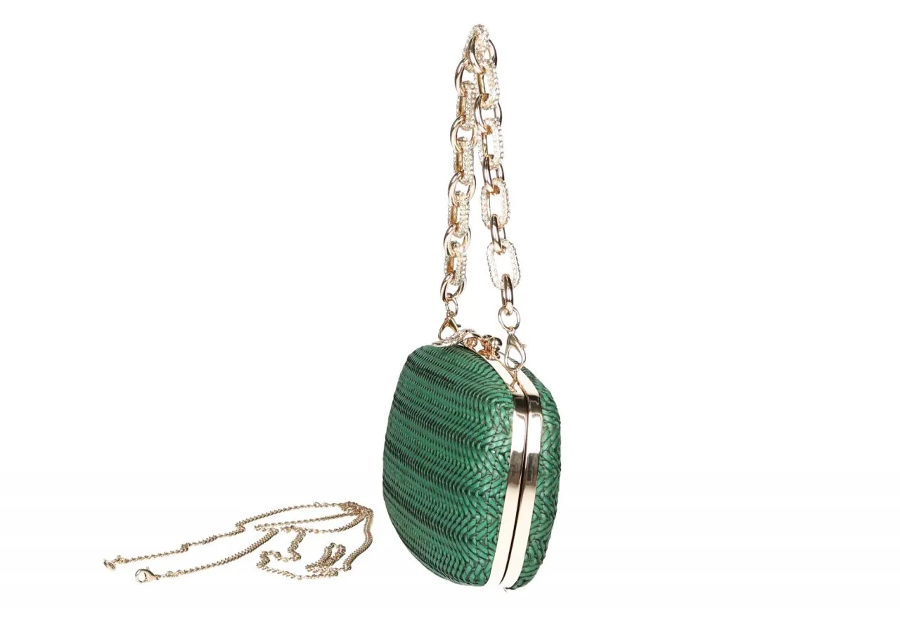 Clutch Trenzado Verde Asa Eslabones Grandes Brillantes