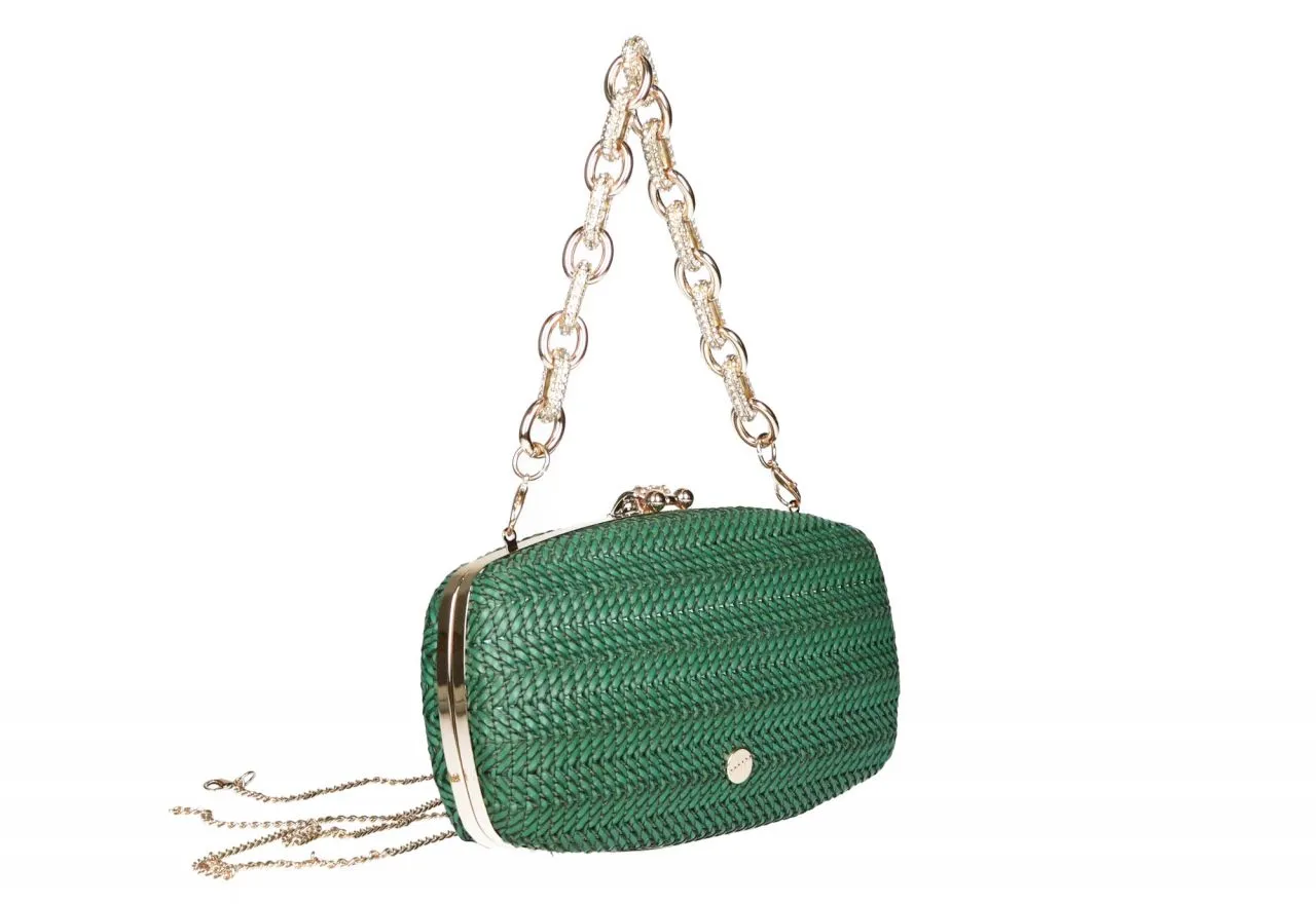 Clutch Trenzado Verde Asa Eslabones Grandes Brillantes