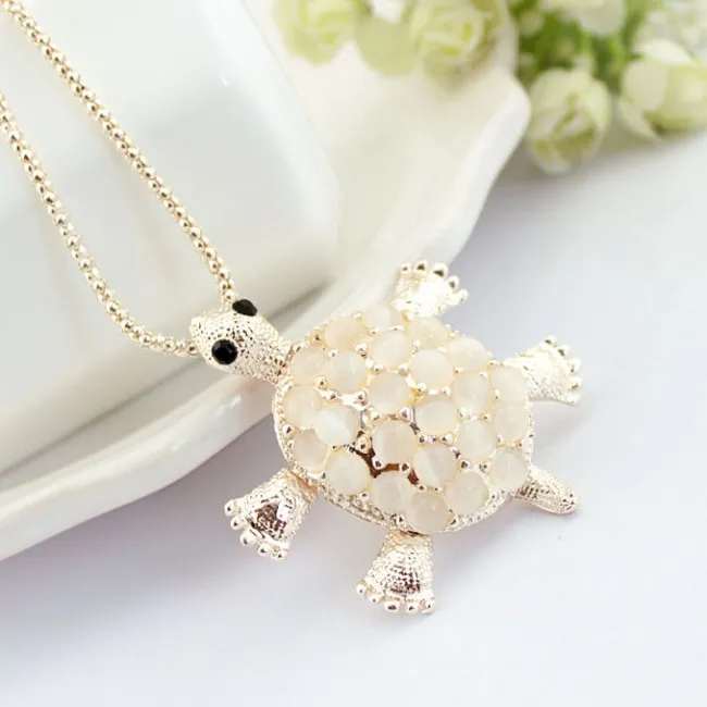 Little Turtle Cute Opal Hollow Flower Pendant Necklace Sweater Necklace
