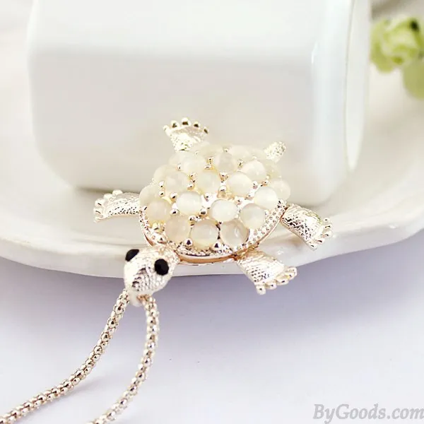 Little Turtle Cute Opal Hollow Flower Pendant Necklace Sweater Necklace