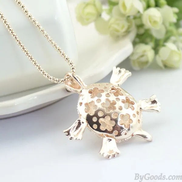 Little Turtle Cute Opal Hollow Flower Pendant Necklace Sweater Necklace