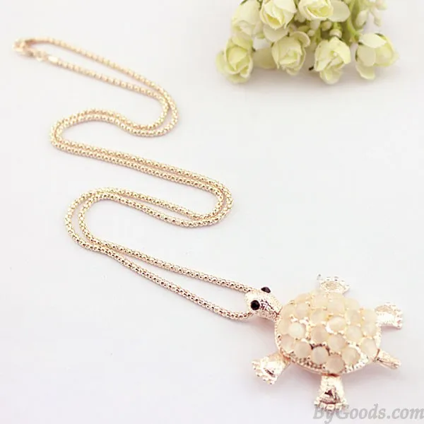 Little Turtle Cute Opal Hollow Flower Pendant Necklace Sweater Necklace