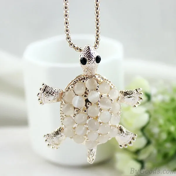 Little Turtle Cute Opal Hollow Flower Pendant Necklace Sweater Necklace
