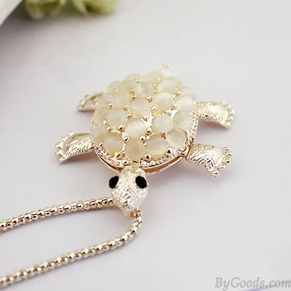 Little Turtle Cute Opal Hollow Flower Pendant Necklace Sweater Necklace