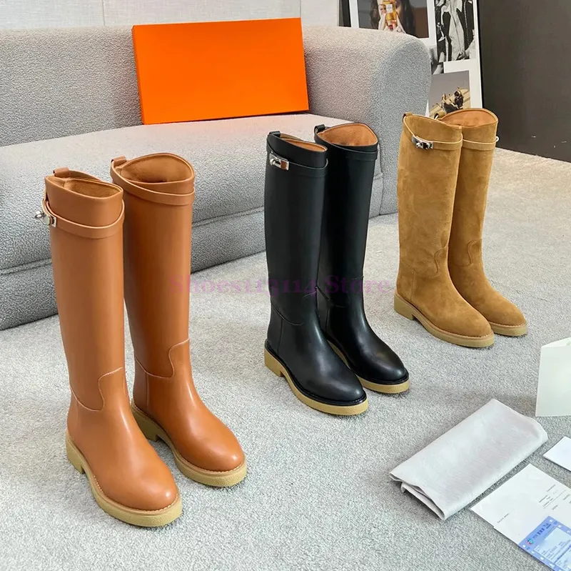 LUJOS PARA MUJER BOTA ALTA HEBILLA DE PIEL DE BECERRO SLIPON BOTAS ALTAS LISAS SEñORAS CERRADURA DE METAL DISEñADORES CABALLERO