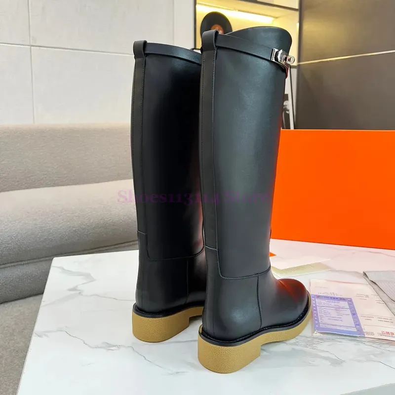 LUJOS PARA MUJER BOTA ALTA HEBILLA DE PIEL DE BECERRO SLIPON BOTAS ALTAS LISAS SEñORAS CERRADURA DE METAL DISEñADORES CABALLERO