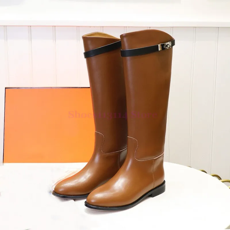 LUJOS PARA MUJER BOTA ALTA HEBILLA DE PIEL DE BECERRO SLIPON BOTAS ALTAS LISAS SEñORAS CERRADURA DE METAL DISEñADORES CABALLERO
