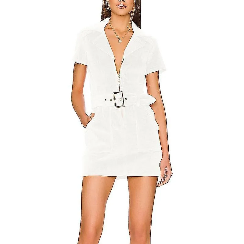 Mini vestido de mujer de manga corta solapa vestidos con cinturón