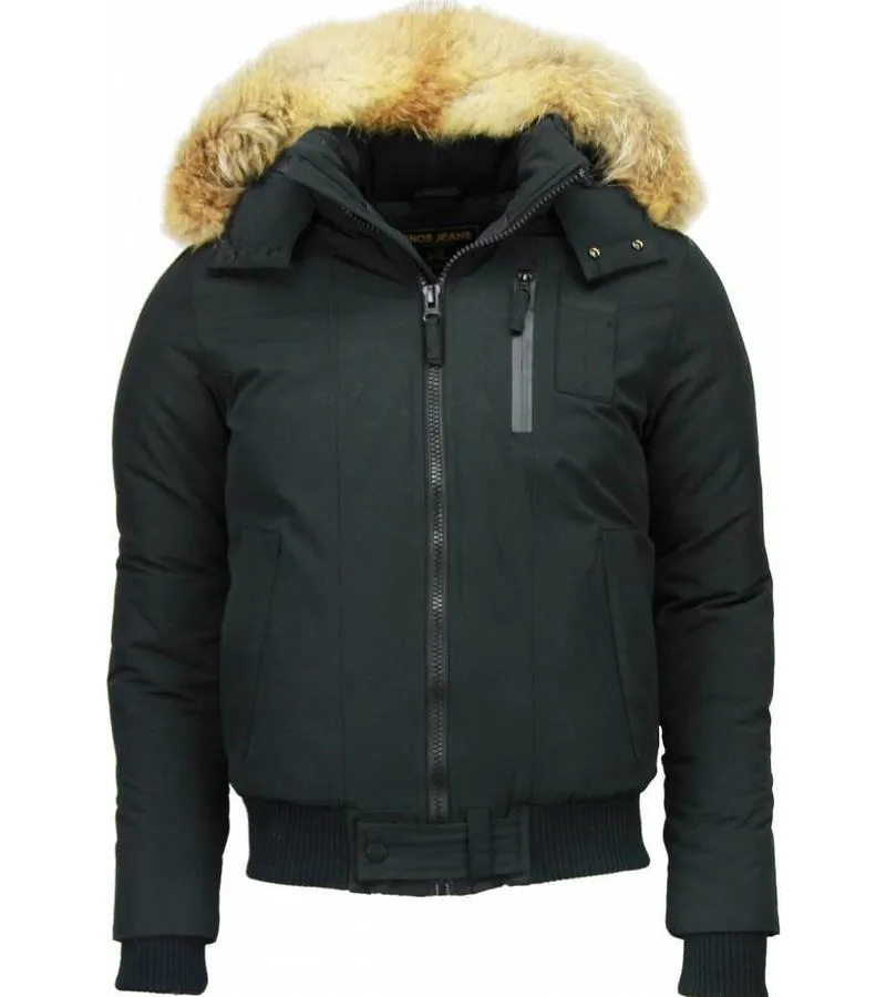 PARKAS HOMBRE  ABRIGOS DE CABALLERO CORTO  CAPUCHA PELO GRANDE  NEGRO