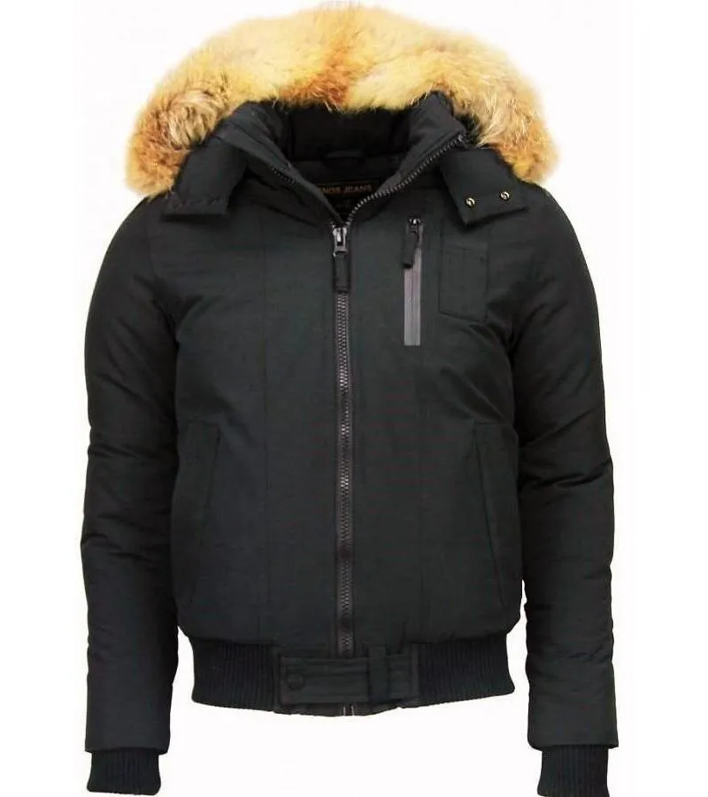 PARKAS HOMBRE  ABRIGOS DE CABALLERO CORTO  CAPUCHA PELO GRANDE  NEGRO