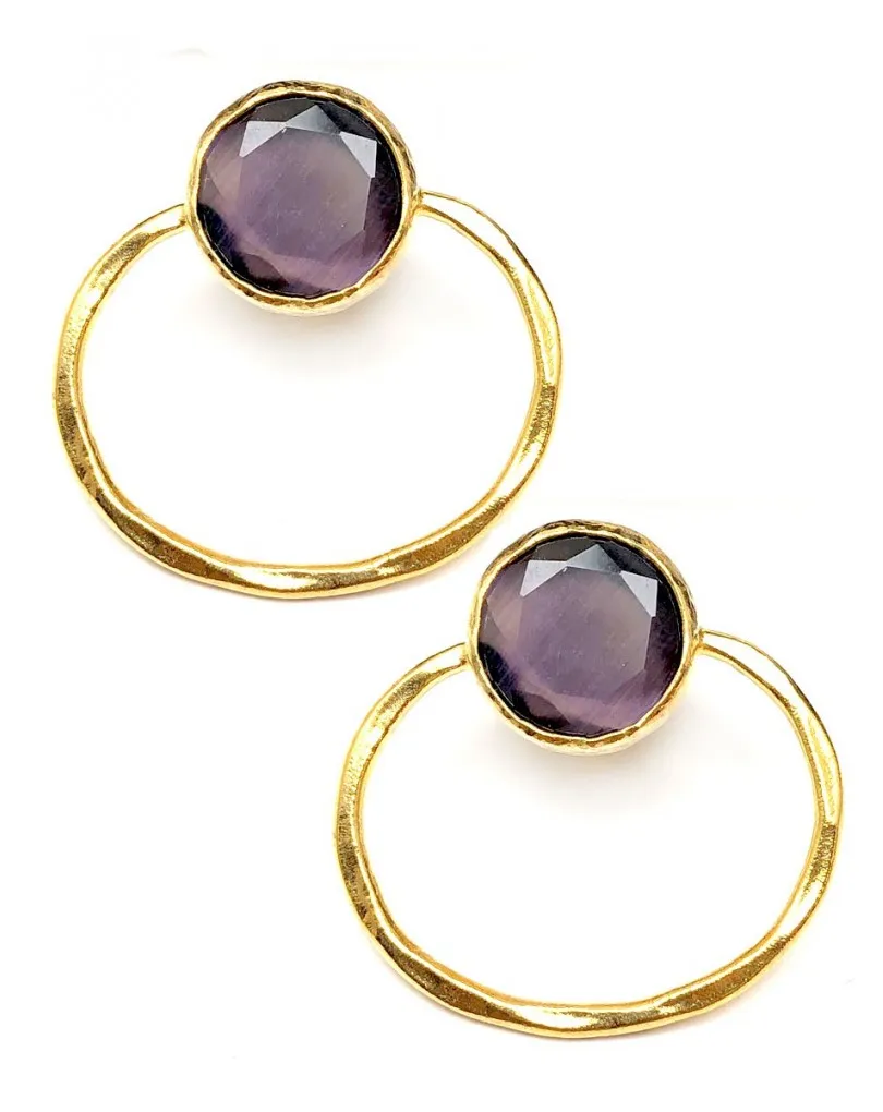 PENDIENTES ARO MUJER DORADOS CON PIEDRA MORADA   GRANDES COLECCIONES