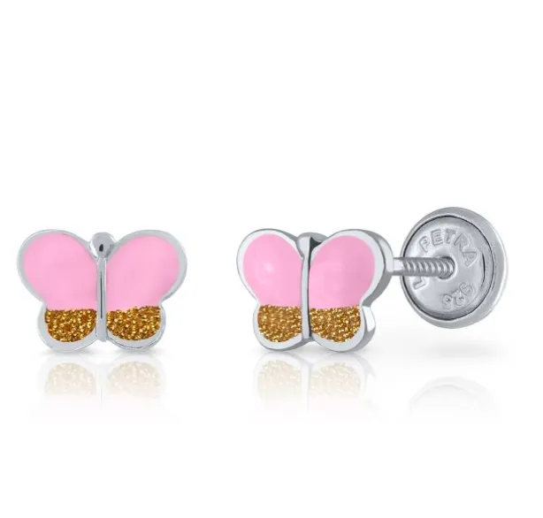 Pendientes Plata Niña Mariposas rosa