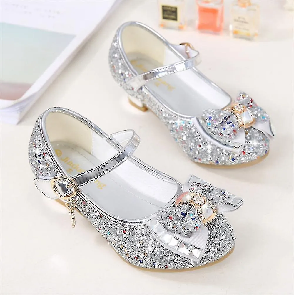 Princess Kids Zapatos de cuero para niñas Glitter Niños Tacón alto Zapatos de niña Nudo mariposa