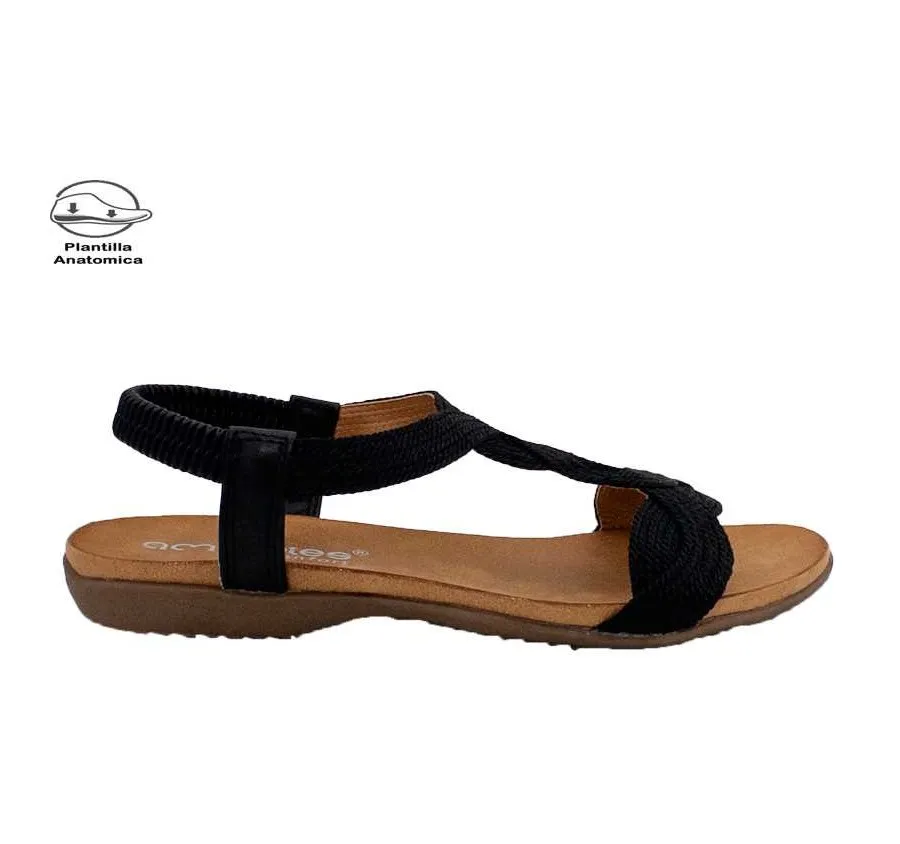 SANDALIA AMARPIES ABZ23572 GOMA ELÁSTICA TALÓN Y PUNTERA ABIERTOS TEXTIL TRENZADO NEGRO PLANTA ACOLCHADA CONFORT 27818