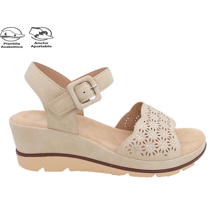 SANDALIA AMARPIES ABZ26617 HEBILLA PALA PICADA ZAPATO DE MUJER PUNTERA ABIERTA BEIG PLANTA ACOLCHADA 28491