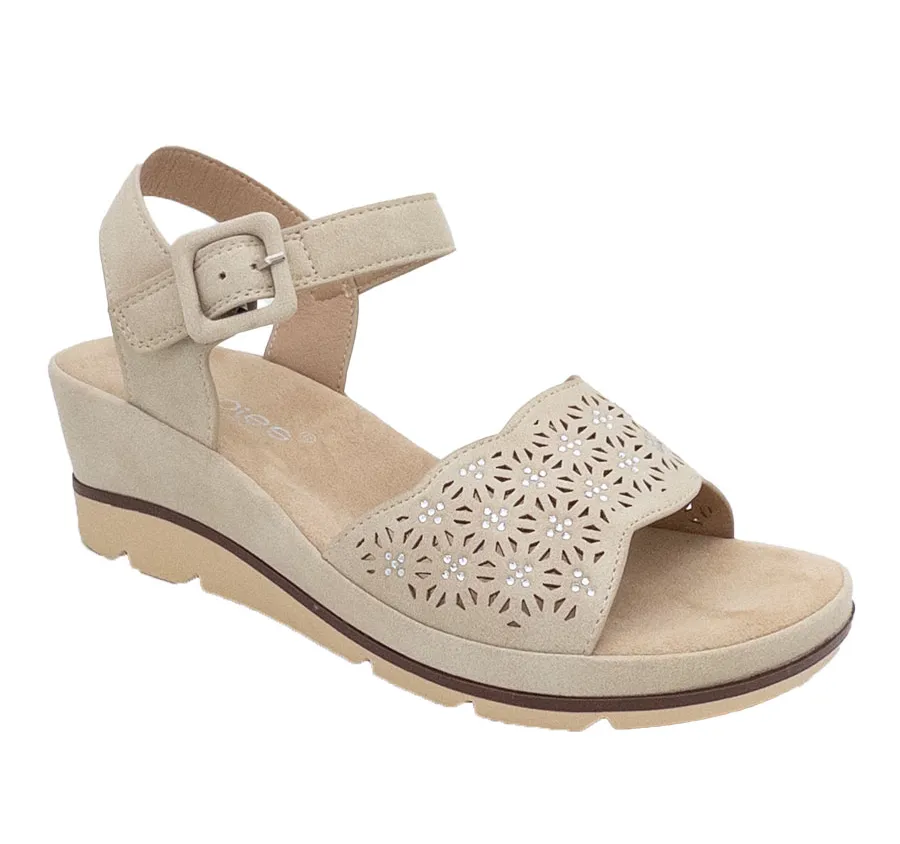 SANDALIA AMARPIES ABZ26617 HEBILLA PALA PICADA ZAPATO DE MUJER PUNTERA ABIERTA BEIG PLANTA ACOLCHADA 28491