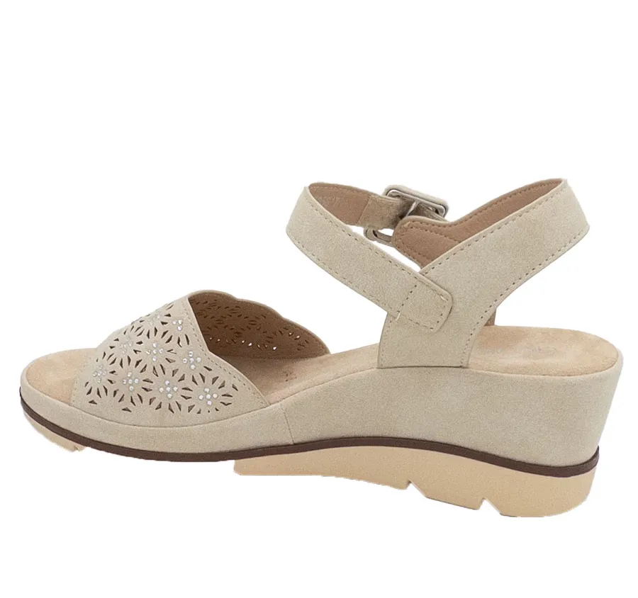 SANDALIA AMARPIES ABZ26617 HEBILLA PALA PICADA ZAPATO DE MUJER PUNTERA ABIERTA BEIG PLANTA ACOLCHADA 28491