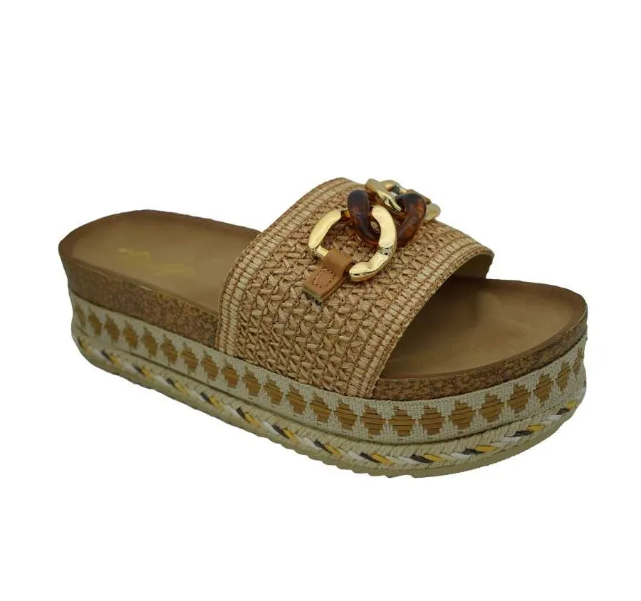SANDALIA DEITY YHF21653 PALA RAFIA ZAPATO DE MUJER PUNTERA ABIERTA CAMEL PLATAFORMA 27082