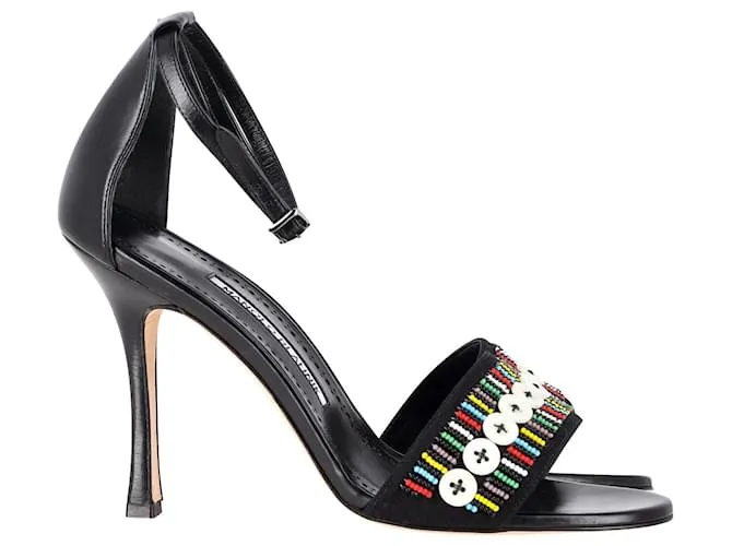Sandalias Manolo Blahnik con puntera abierta y cuentas en piel negra Negro 