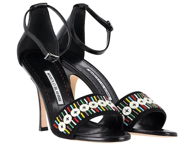 Sandalias Manolo Blahnik con puntera abierta y cuentas en piel negra Negro 