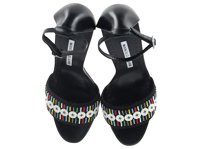 Sandalias Manolo Blahnik con puntera abierta y cuentas en piel negra Negro 