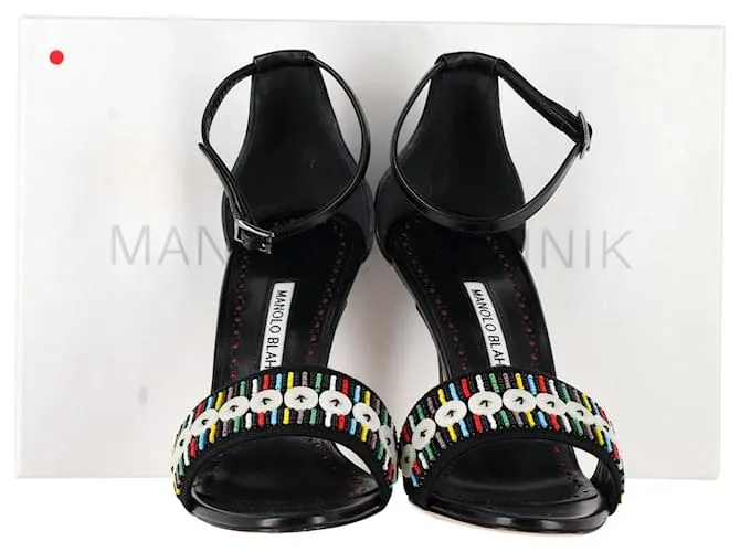 Sandalias Manolo Blahnik con puntera abierta y cuentas en piel negra Negro 
