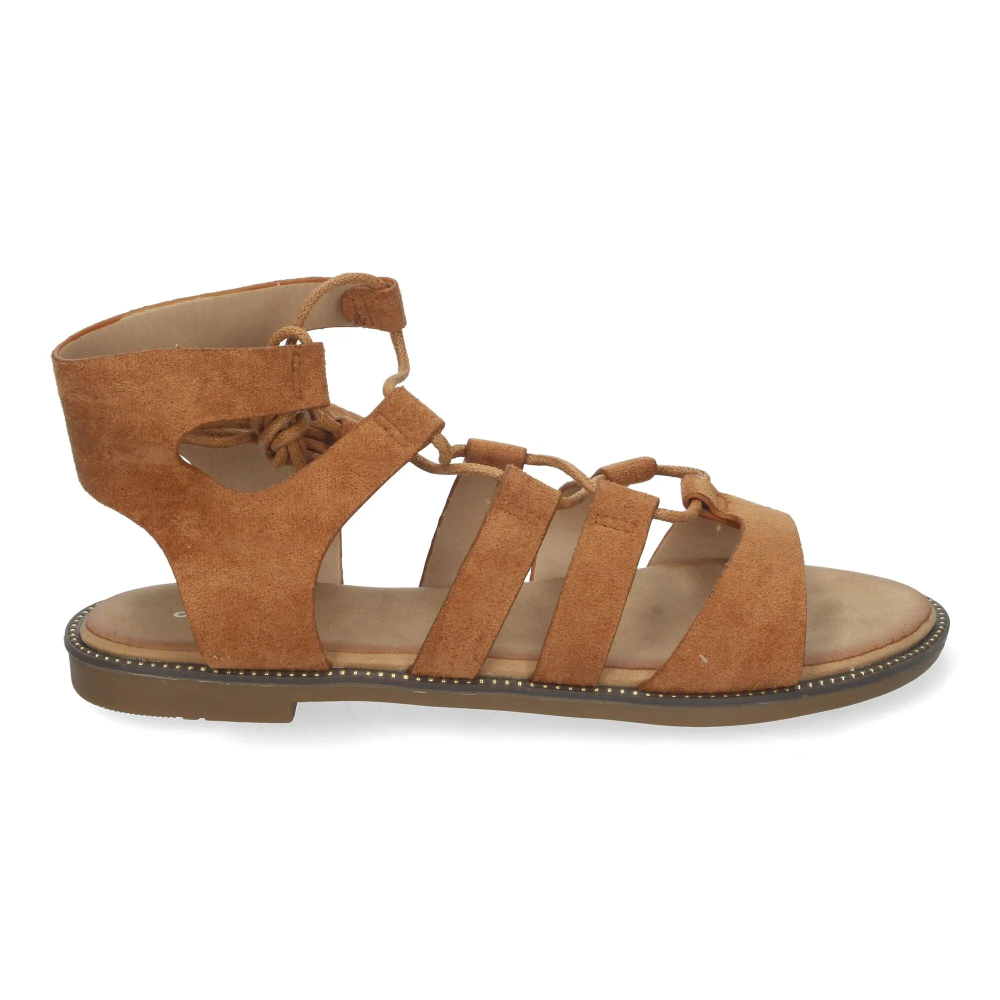 Sandalias planas cómodas elegantes cierre con cordones para mujer color camel TF3110