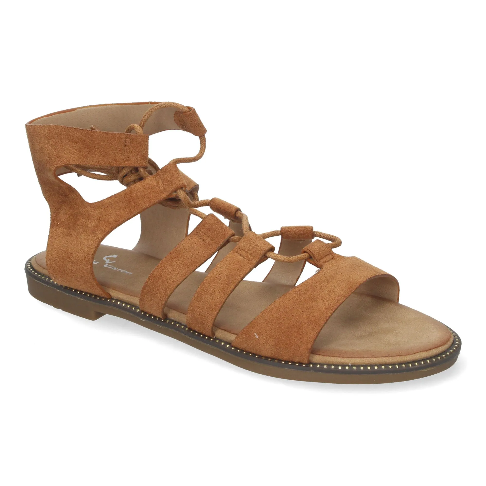 Sandalias planas cómodas elegantes cierre con cordones para mujer color camel TF3110