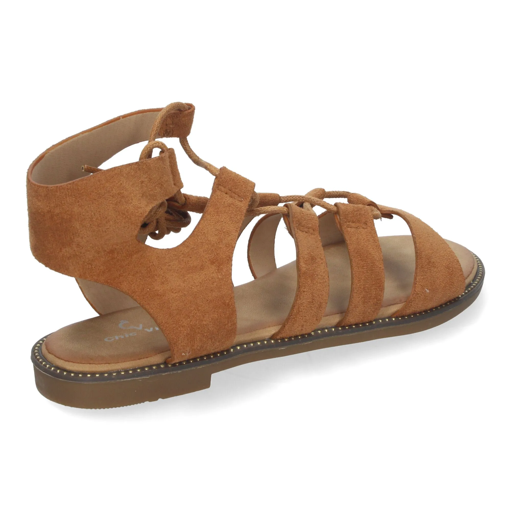 Sandalias planas cómodas elegantes cierre con cordones para mujer color camel TF3110