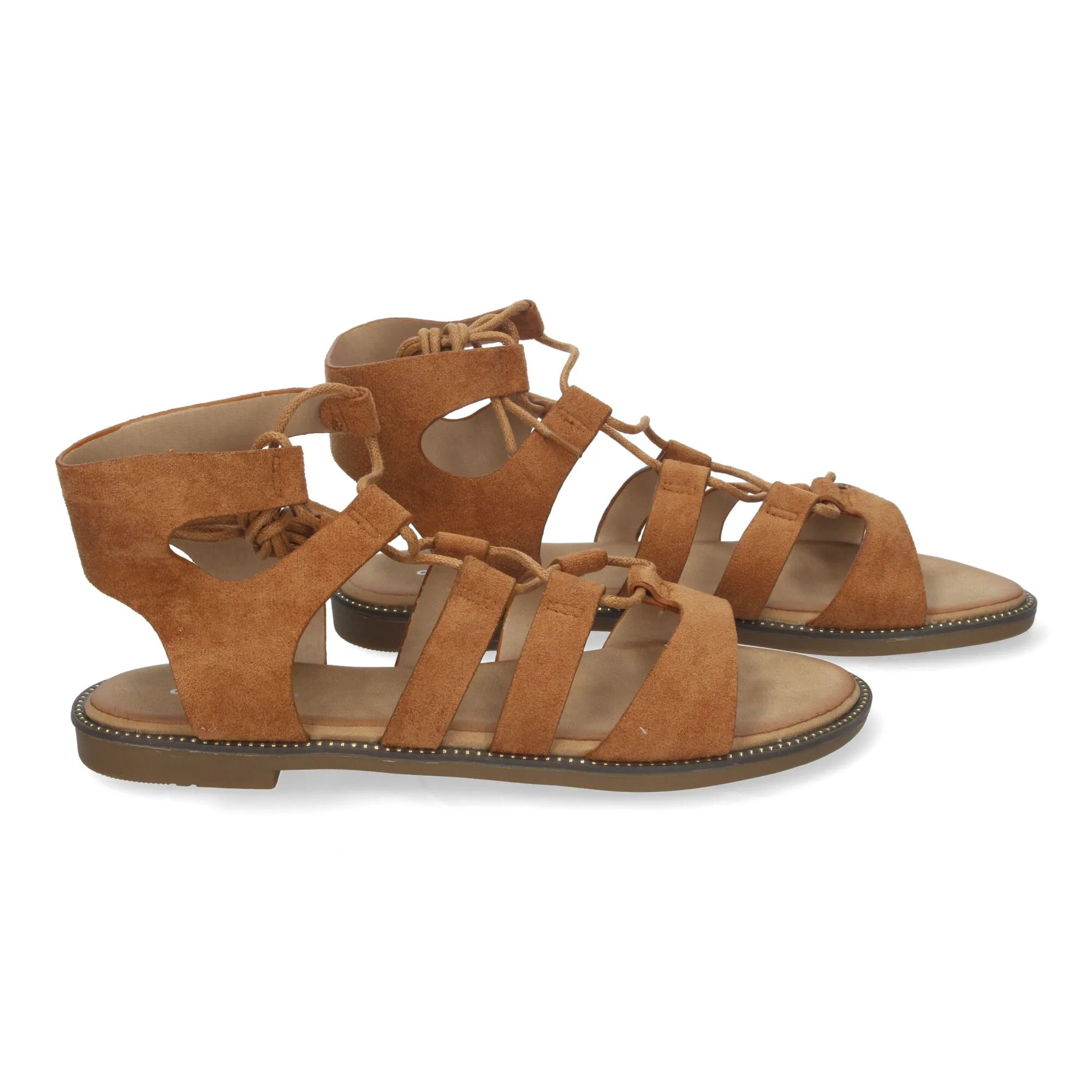 Sandalias planas cómodas elegantes cierre con cordones para mujer color camel TF3110