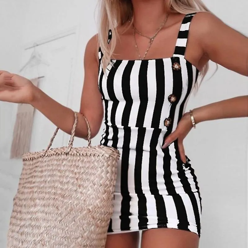 Sexy Mujeres Rayado Mini Vestido Lápiz Verano Diseño sin respaldo Botón Decoración ol Vestido Sin mangas Slim Package Hip Vestid