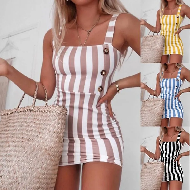 Sexy Mujeres Rayado Mini Vestido Lápiz Verano Diseño sin respaldo Botón Decoración ol Vestido Sin mangas Slim Package Hip Vestid