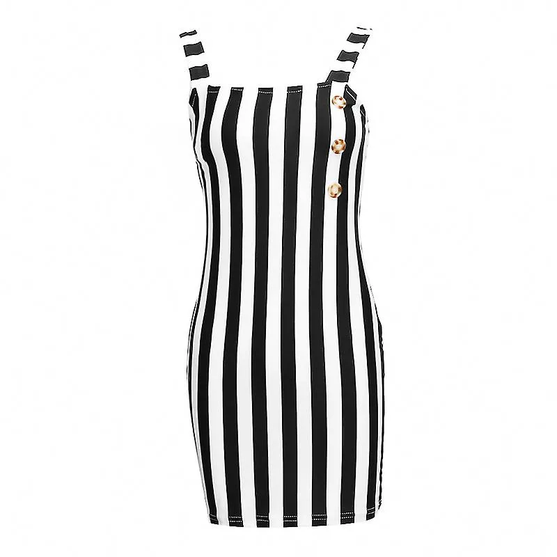 Sexy Mujeres Rayado Mini Vestido Lápiz Verano Diseño sin respaldo Botón Decoración ol Vestido Sin mangas Slim Package Hip Vestid