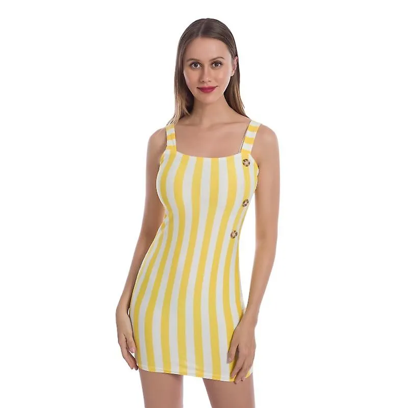 Sexy Mujeres Rayado Mini Vestido Lápiz Verano Diseño sin respaldo Botón Decoración ol Vestido Sin mangas Slim Package Hip Vestid