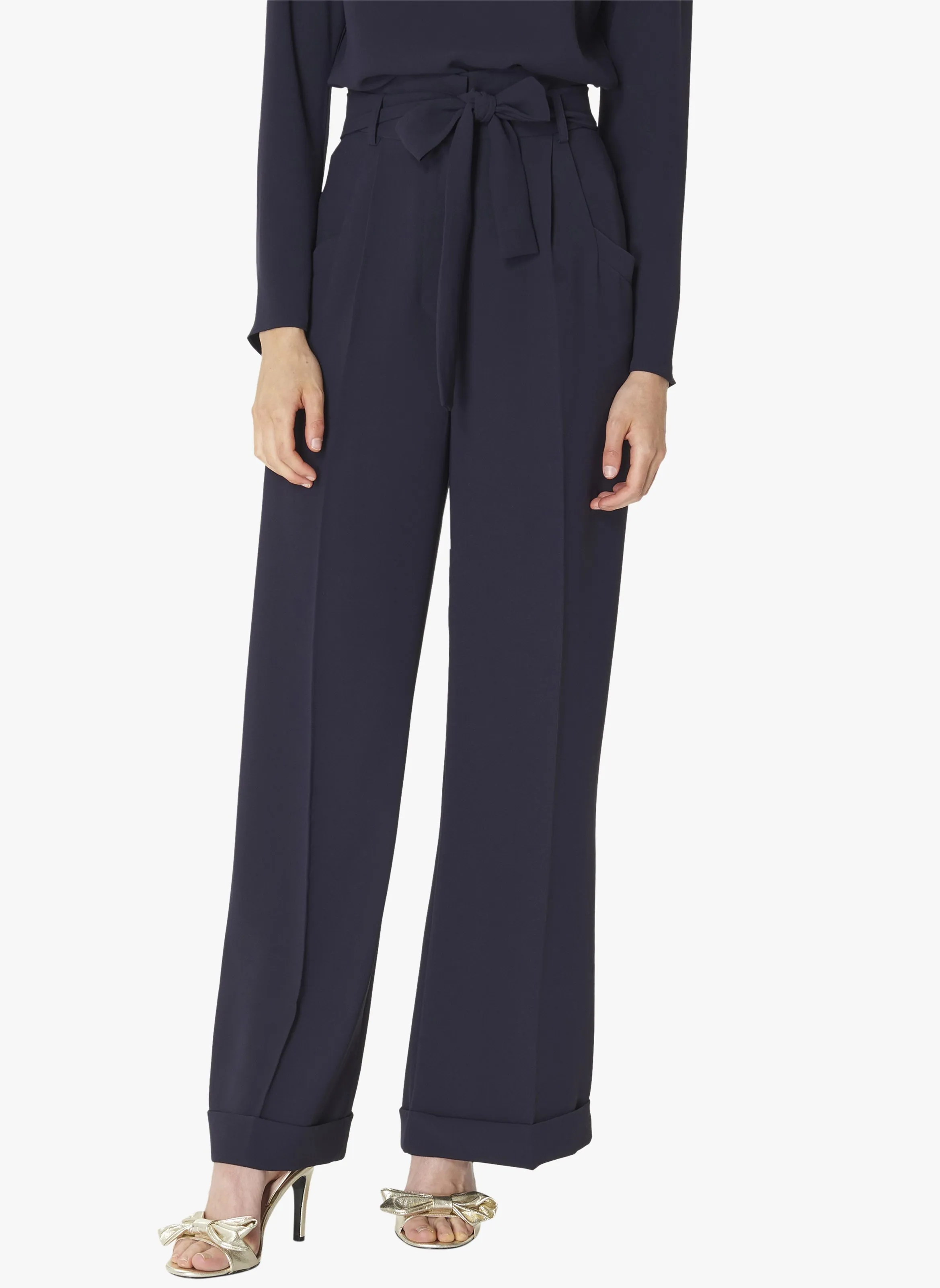 TARA JARMON PYLA  PANTALóN RECTO AJUSTADO DE CREPé CON CINTURóN Y DOBLADILLO EN LA PARTE INFERIOR EN AZUL