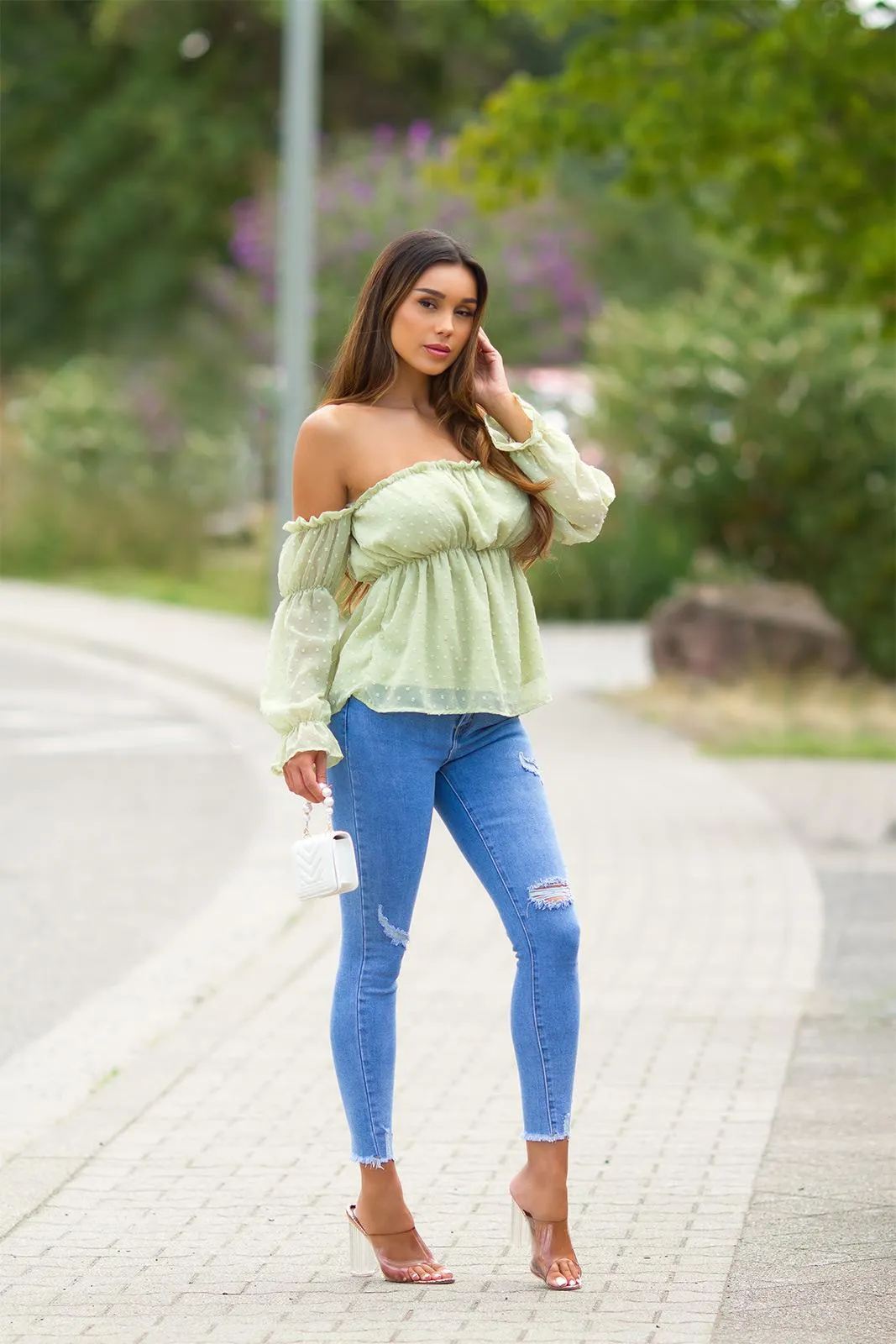 Top babydoll manga larga verde